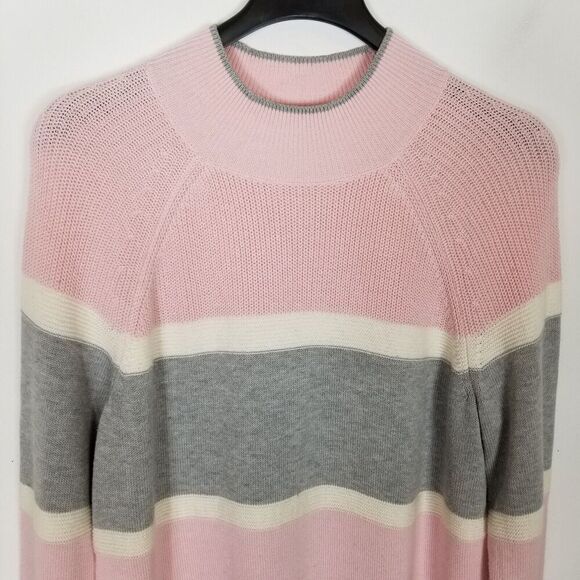 Talbots Women Cozy Mockneck Stripe Sweater Sz XL Pink Gray Merino Wool Cotton - Picture 2 of 8